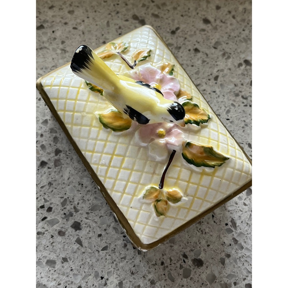 Vintage Chase Japan Ceramic Box Yellow Bird Pink Flower Lattice Gold Trim